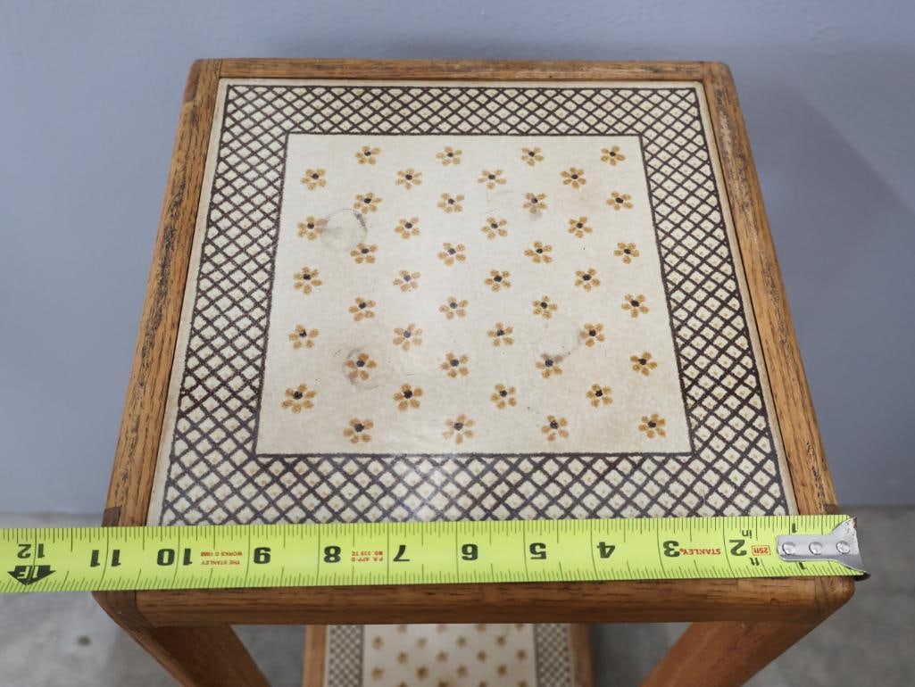 Vintage Oak Plant Stand with Decorative Tile Inset Shelves - 4