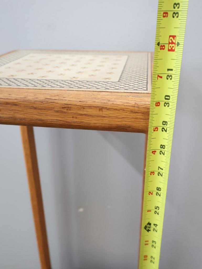 Vintage Oak Plant Stand with Decorative Tile Inset Shelves - 5