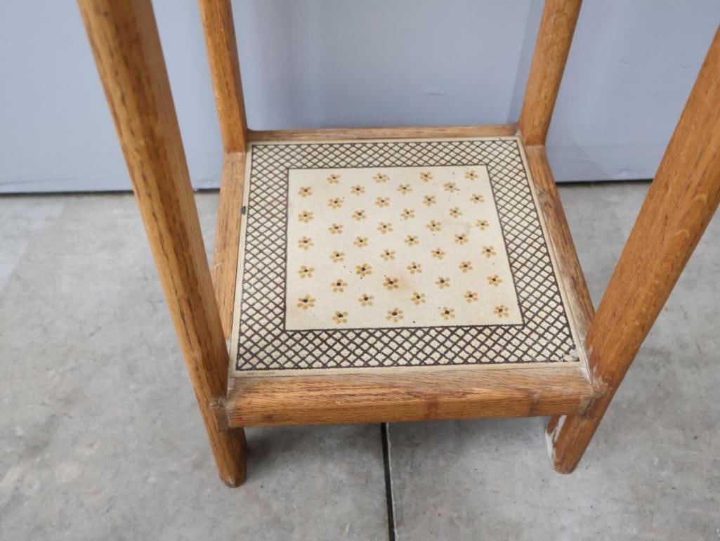 Vintage Oak Plant Stand with Decorative Tile Inset Shelves - 6