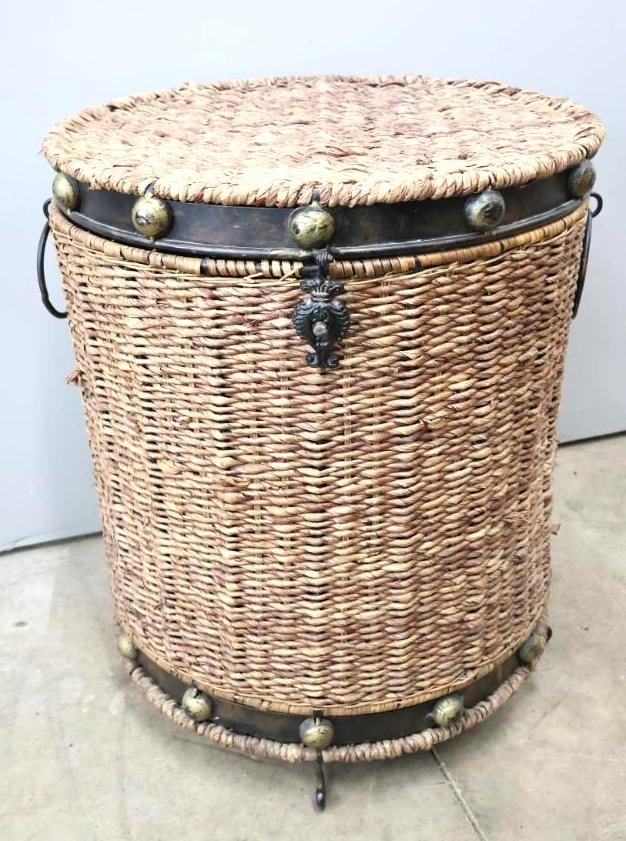 Bohemian Woven Basket Side Table with Metal Accents & Lid: The combination of natural woven texture and dark metal hardware gives the piece wonderful organic warmth with a touch of vintage character. Ideal for living rooms, bedrooms, patios, or cozy reading