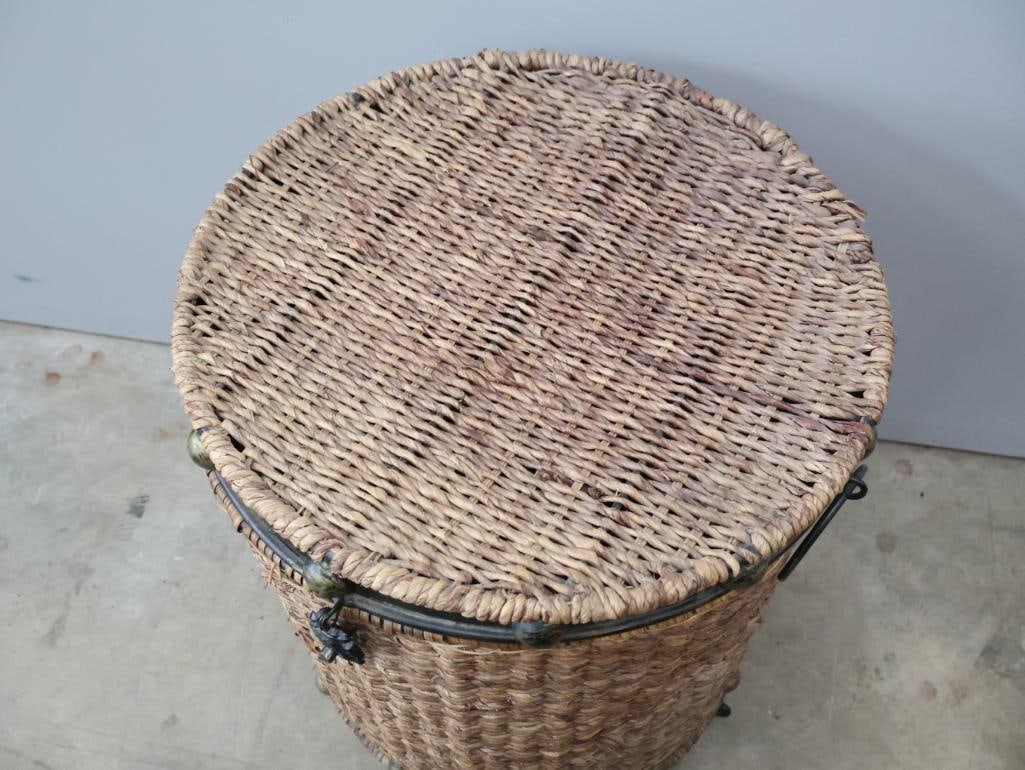 Bohemian Woven Basket Side Table with Metal Accents & Lid - 2