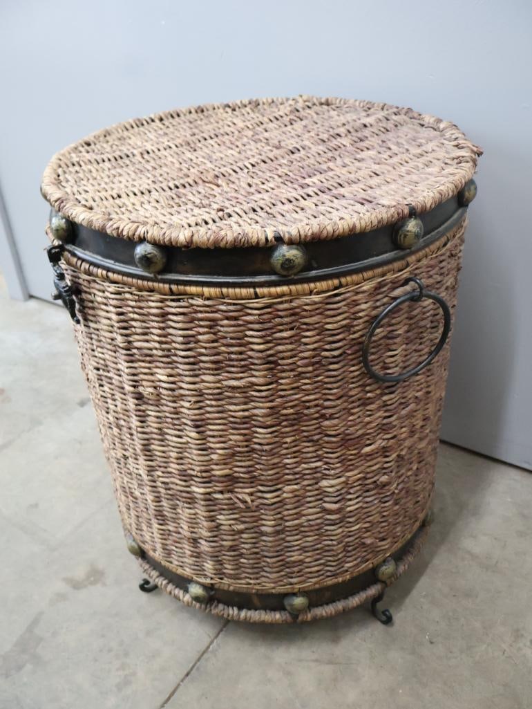 Bohemian Woven Basket Side Table with Metal Accents & Lid - 3