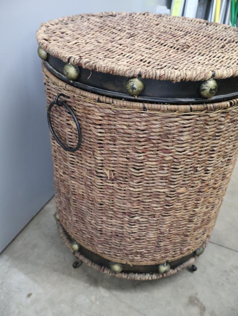 Bohemian Woven Basket Side Table with Metal Accents & Lid - 4