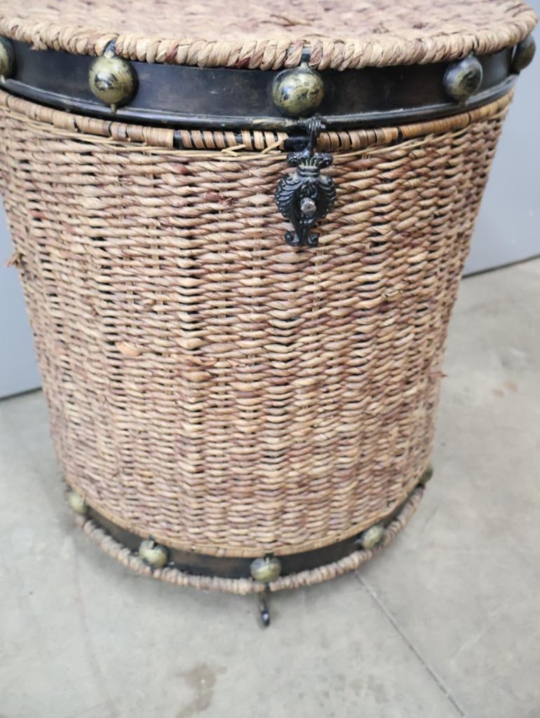 Bohemian Woven Basket Side Table with Metal Accents & Lid - 5