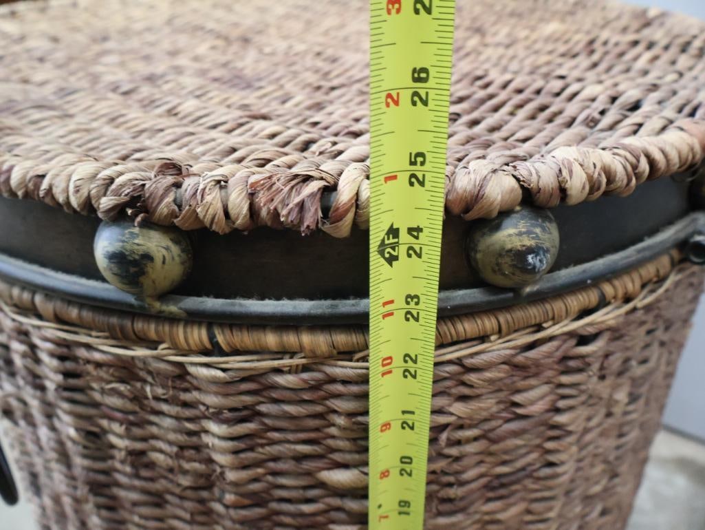 Bohemian Woven Basket Side Table with Metal Accents & Lid - 9