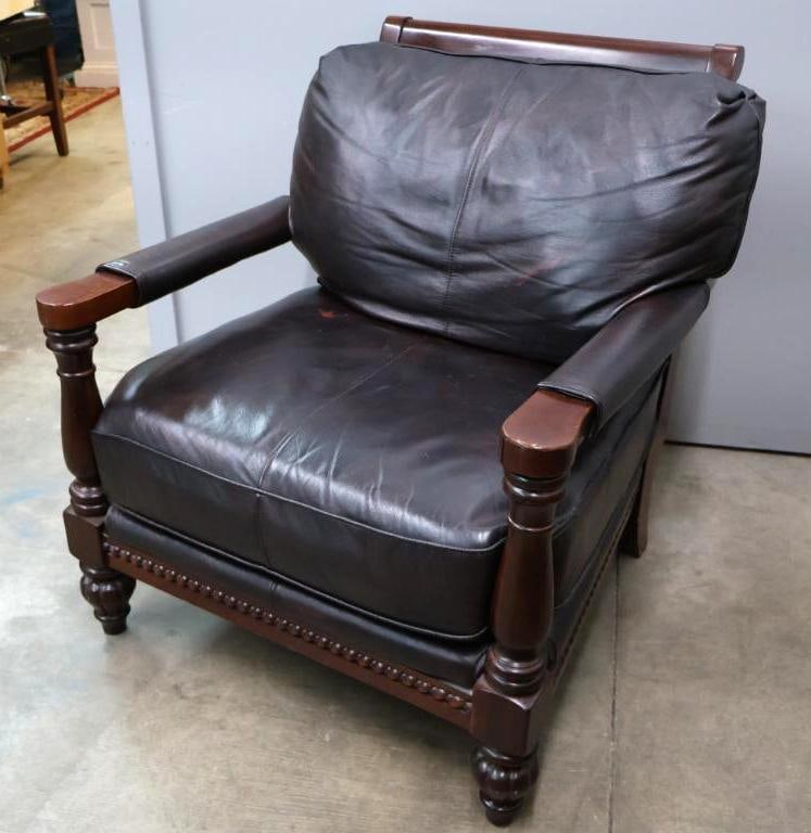 Traditional Dark Brown Leather Club Chair with Wood Frame (1 of 12)