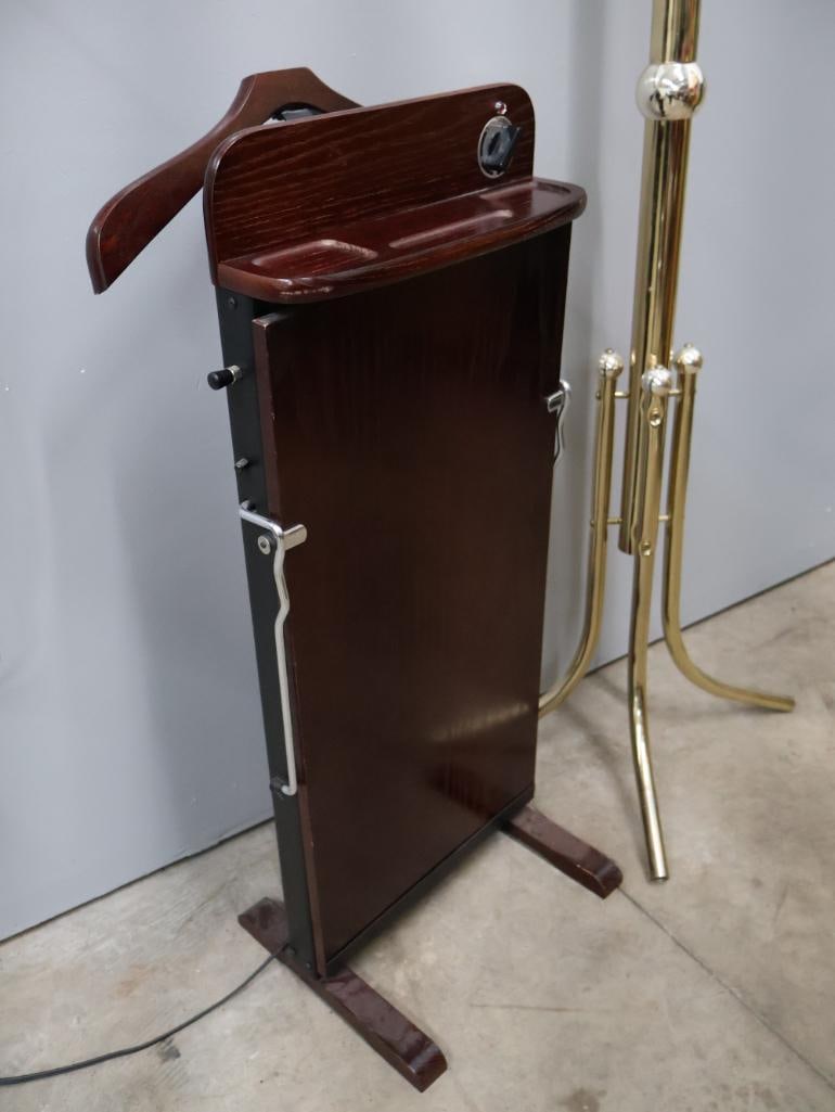 Brass Tone Coat Rack & Wooden Valet Stand Combination - 2
