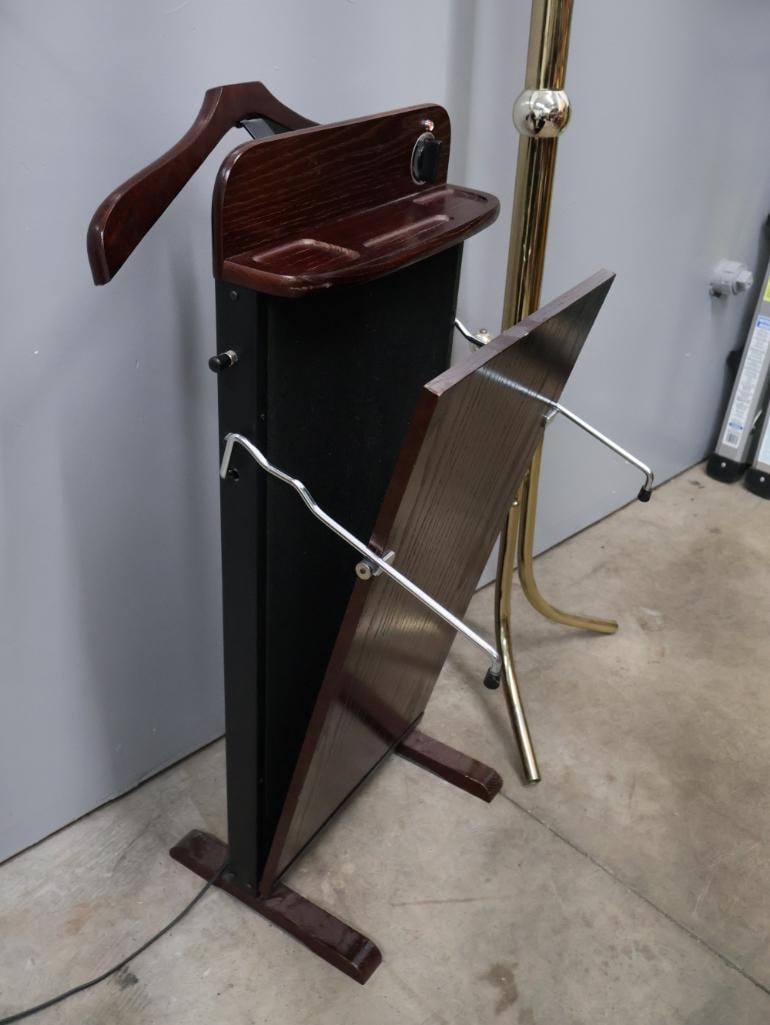 Brass Tone Coat Rack & Wooden Valet Stand Combination - 3
