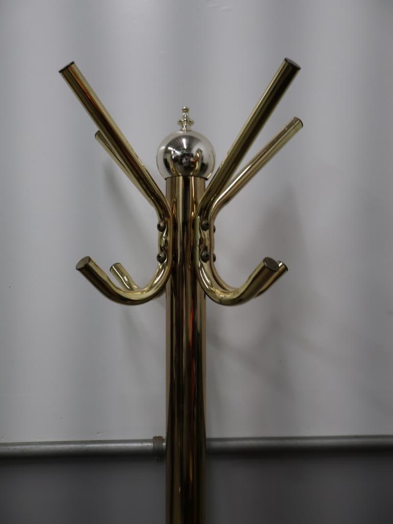 Brass Tone Coat Rack & Wooden Valet Stand Combination - 8