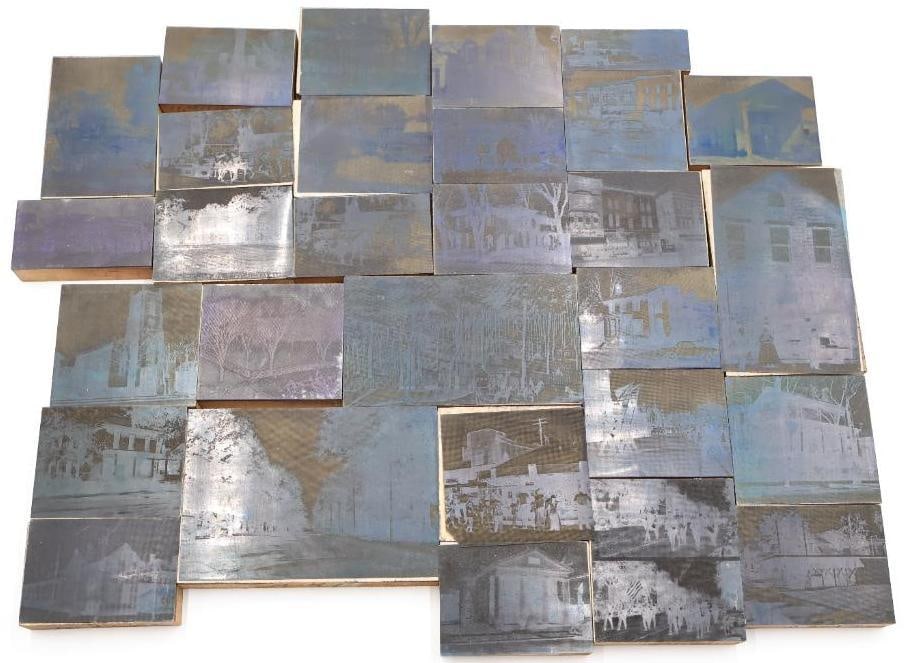 Collection of Photo Engraved Printing Blocks: Large collection of vintage letterpress photoengraving printing blocks (often referred to in print shops simply as "cuts"). These antique tools were widely utilized from the late 19th century through