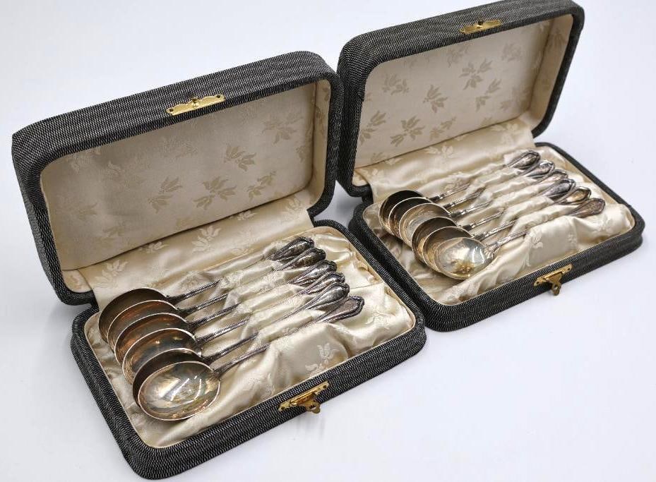 Two Antique Sets of Six Sterling Monogrammed Spoons: Marked Sterling on back, monogrammed spoons in lovely fabric cases