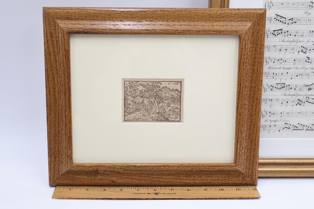 Two Antique Framed Prints, Wood Block Scene and Music Sheet - 2