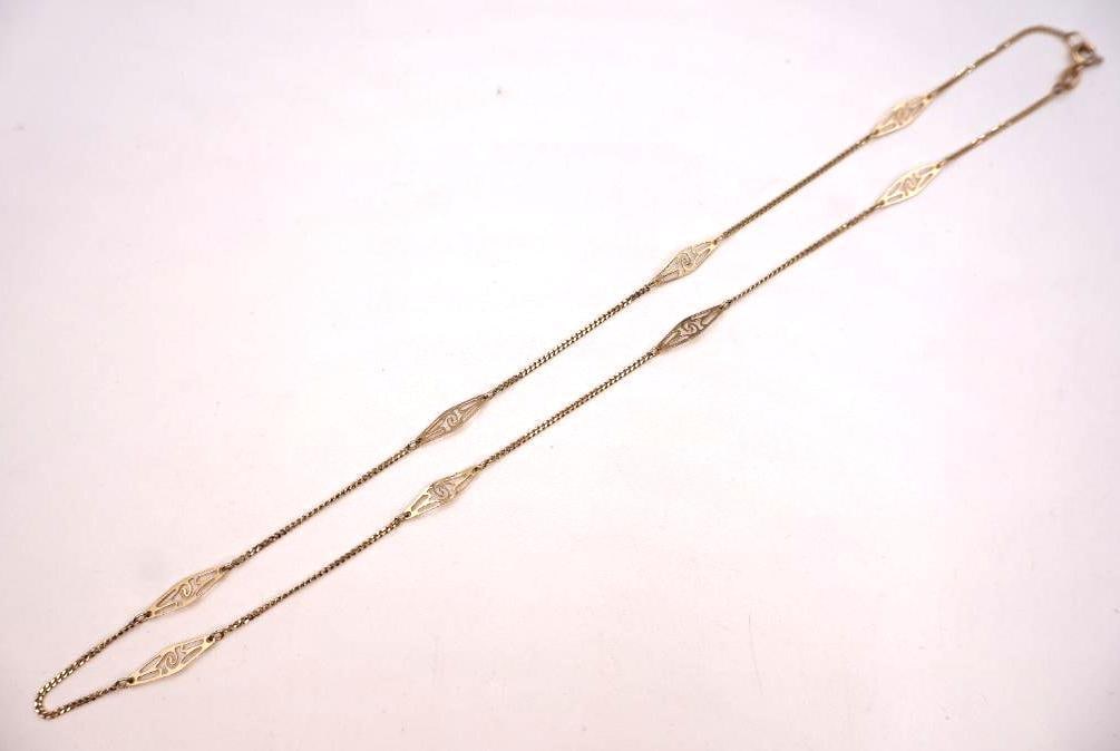 14k Gold Chain Necklace: Marked k14 and 585 gold necklace with ornate adornments on chain