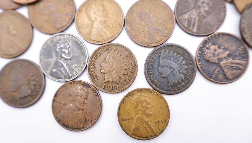 Collection of Pennies including Indian Head, Steel, Wheat, and Lincoln Memorial - 2