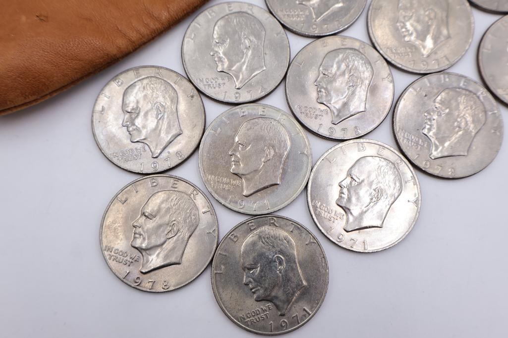 Collection of Kennedy Half Dollars and Eisenhower Dollars with Leather Bank Bag - 2