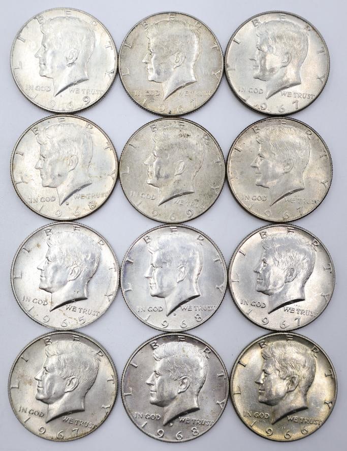 12 Kennedy Half Dollars: 1965 - 1969, containing 40% silver