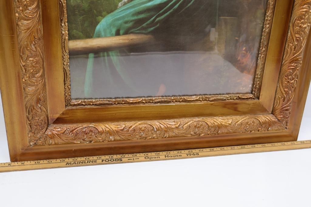 Vintage 'The Knitting Girl' Print in Ornate Frame - 2
