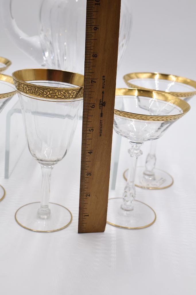 Waterford Crystal Pitcher and Tiffin Laurel Gold Encrusted Glasses - 2
