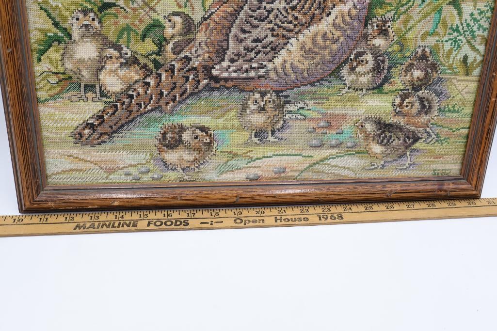 Vintage Framed Needlepoint Artwork of Quail and Chicks - 2