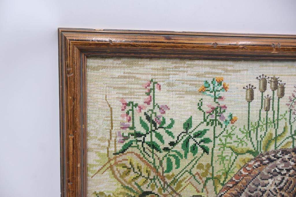 Vintage Framed Needlepoint Artwork of Quail and Chicks - 7