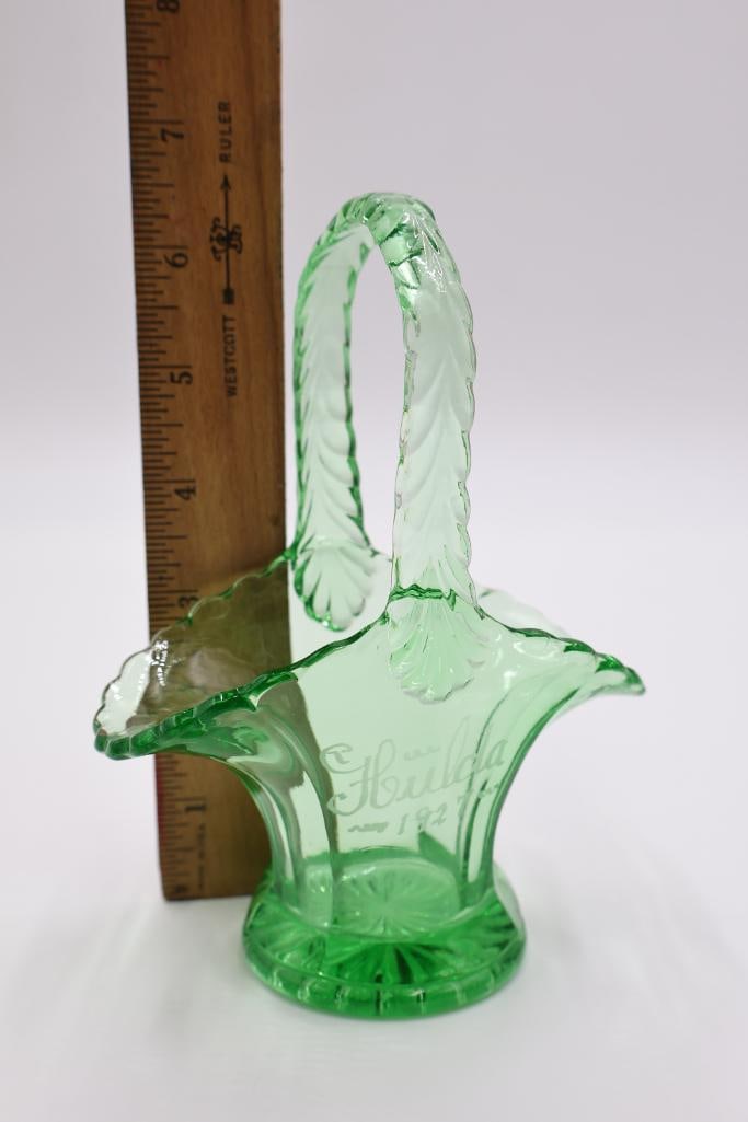 Antique Uranium Glass Souvenir Basket - 2