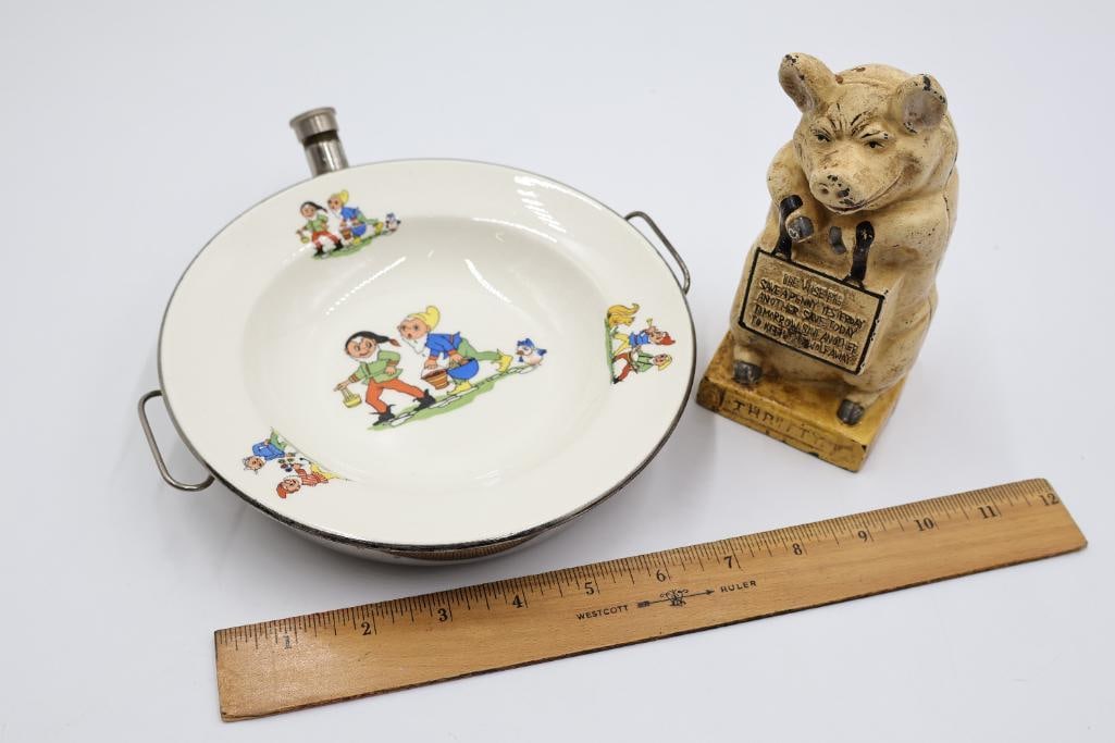 Vintage Child's Warming Plate and Cast Iron Thrifty Pig Bank - 2