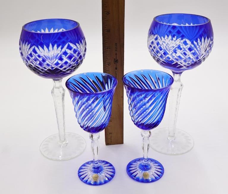 Two Pairs of Bohemian Cobalt Blue Cut-to-Clear Crystal Stemware - 2