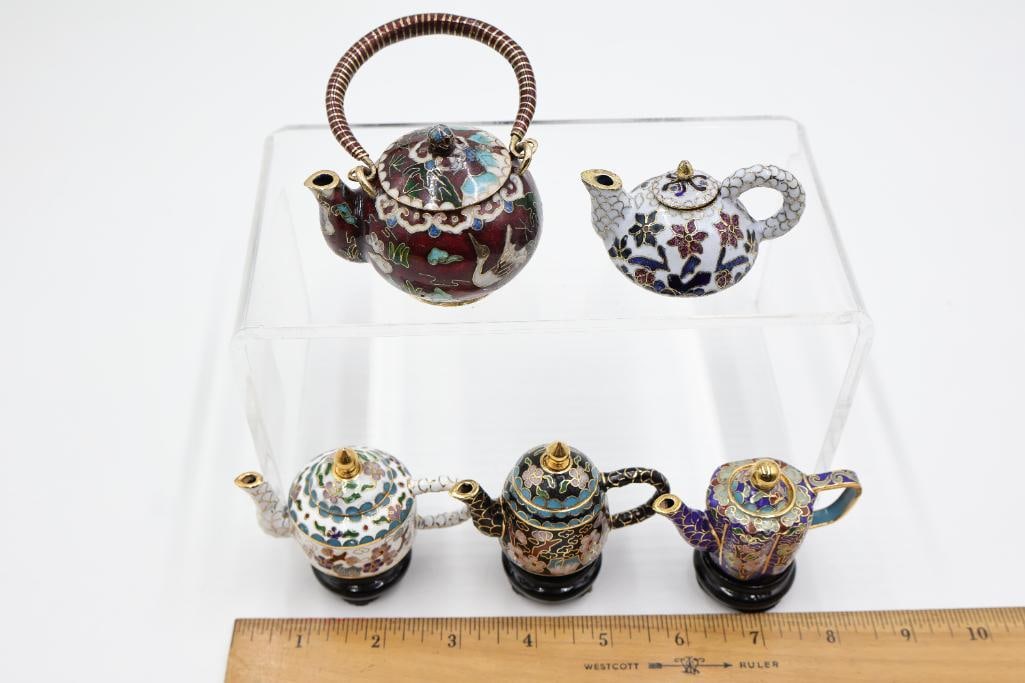 Collection of Miniature Cloisonne Teapots on Wood Stands - 2