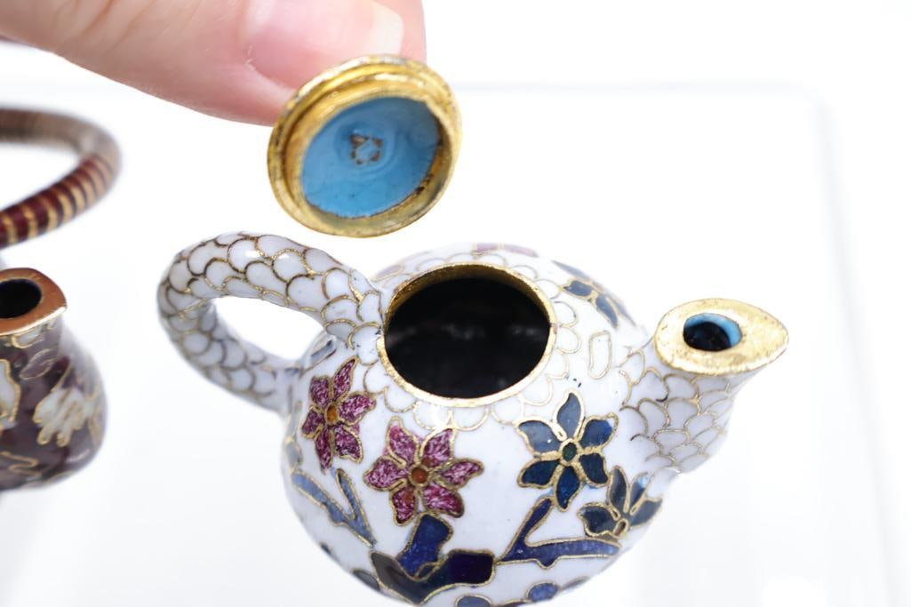 Collection of Miniature Cloisonne Teapots on Wood Stands - 7
