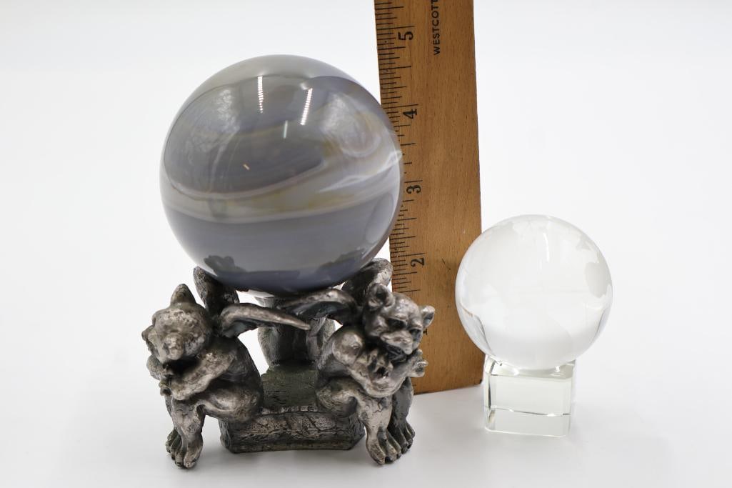 Stone Orb and Glass Crystal Globe with Stands - 2