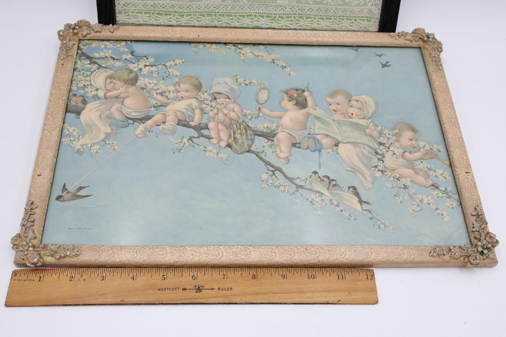 Vintage Children Print and Delicate Crochet Scene - 2