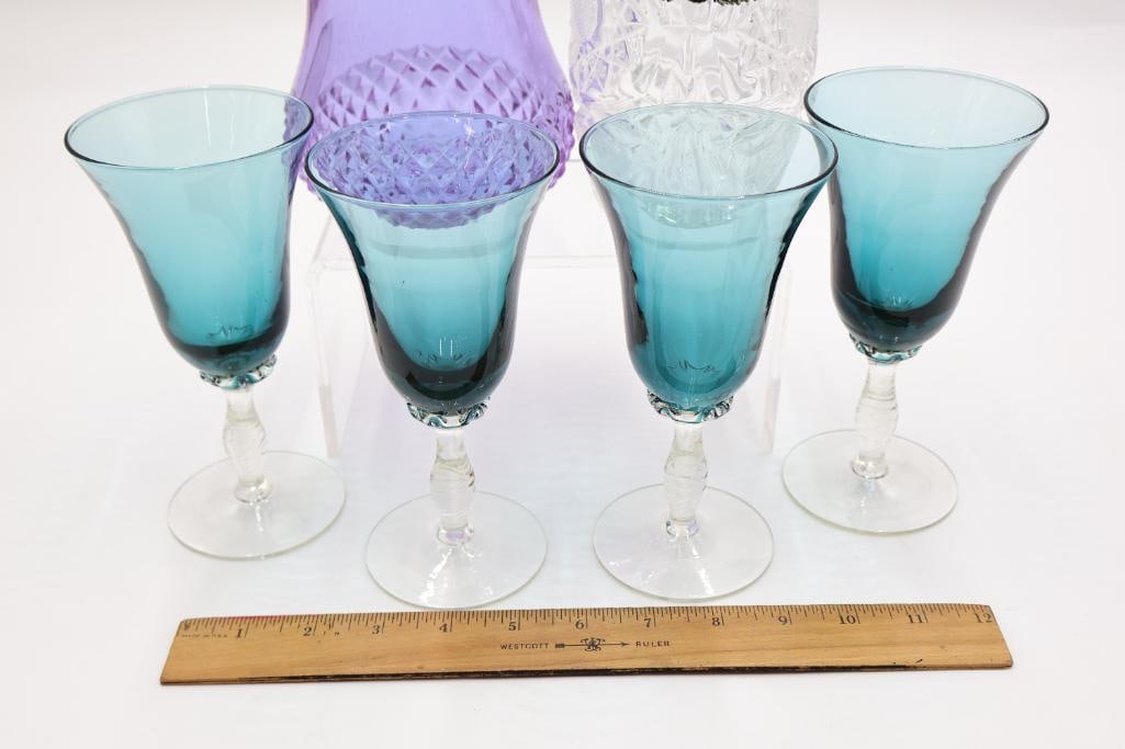 Vintage Blue Wine Goblets and Two Decanters - 2