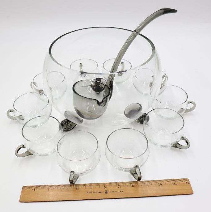 Mid Century Modern Vintage Smokey Grey Glass Punch Bowl and Cups - 2