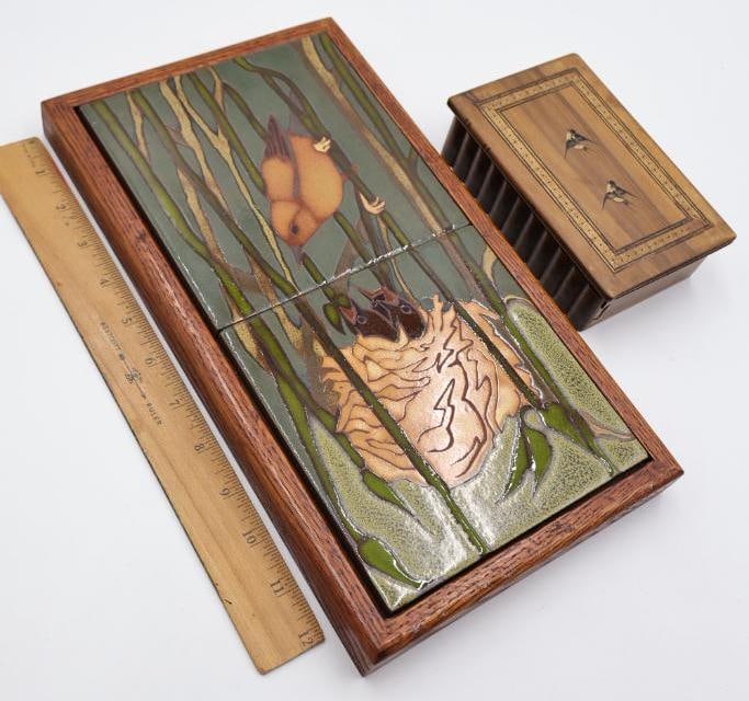 Vintage Japanese Style Puzzle Box and Two Tile Bird Artwork - 2