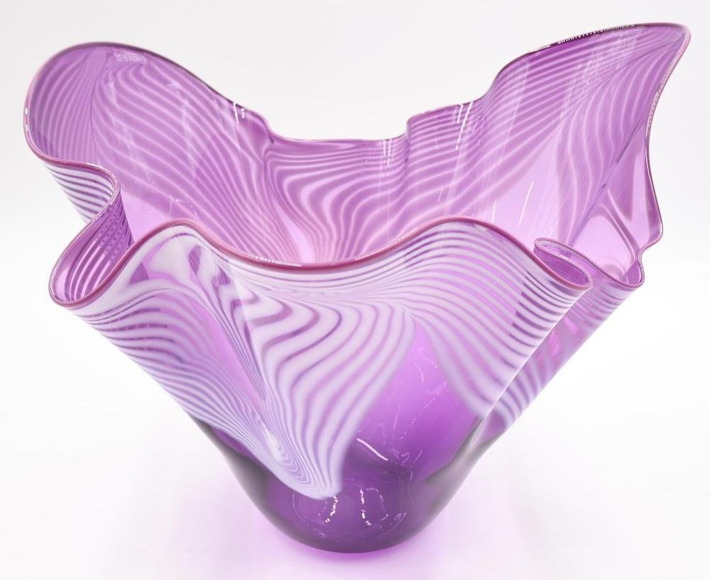 Large Magenta Artisan Glass Bowl, Etched Signature on Bottom