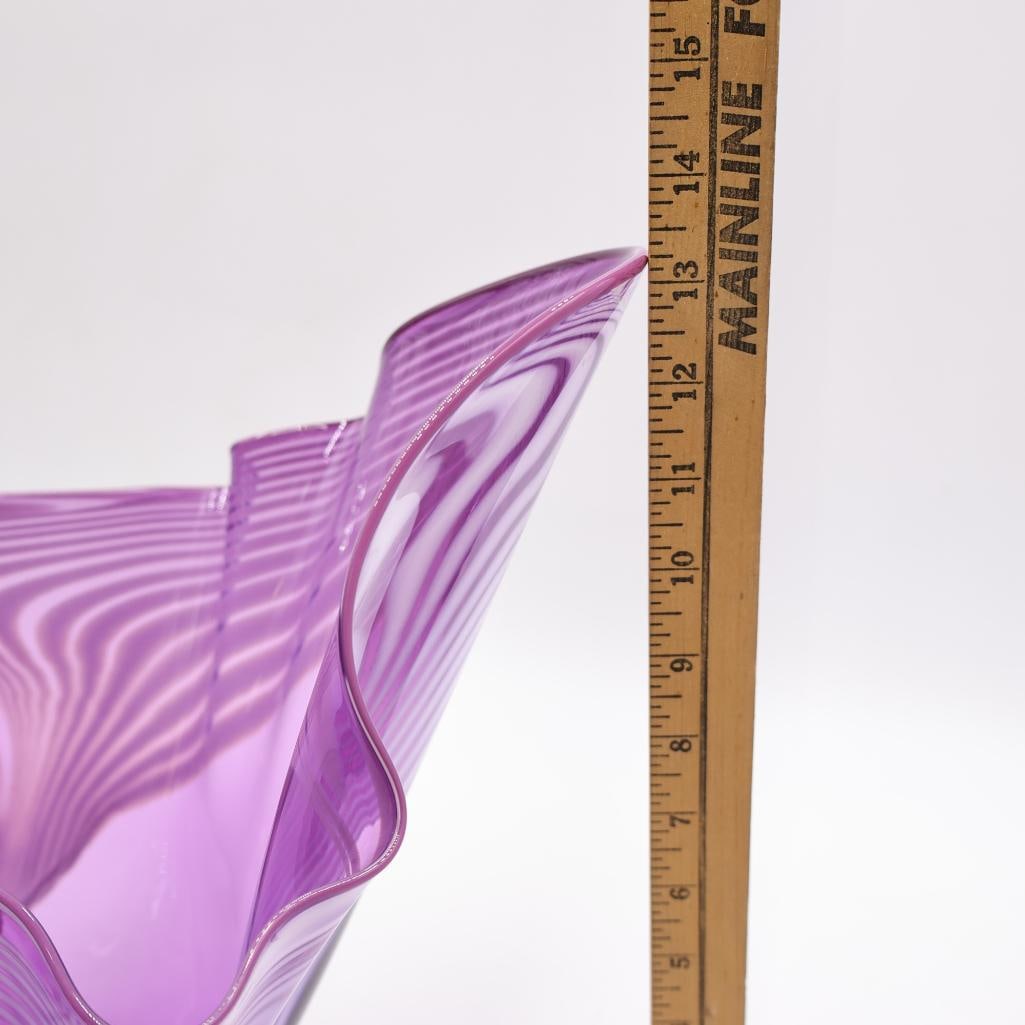 Large Magenta Artisan Glass Bowl, Etched Signature on Bottom - 3