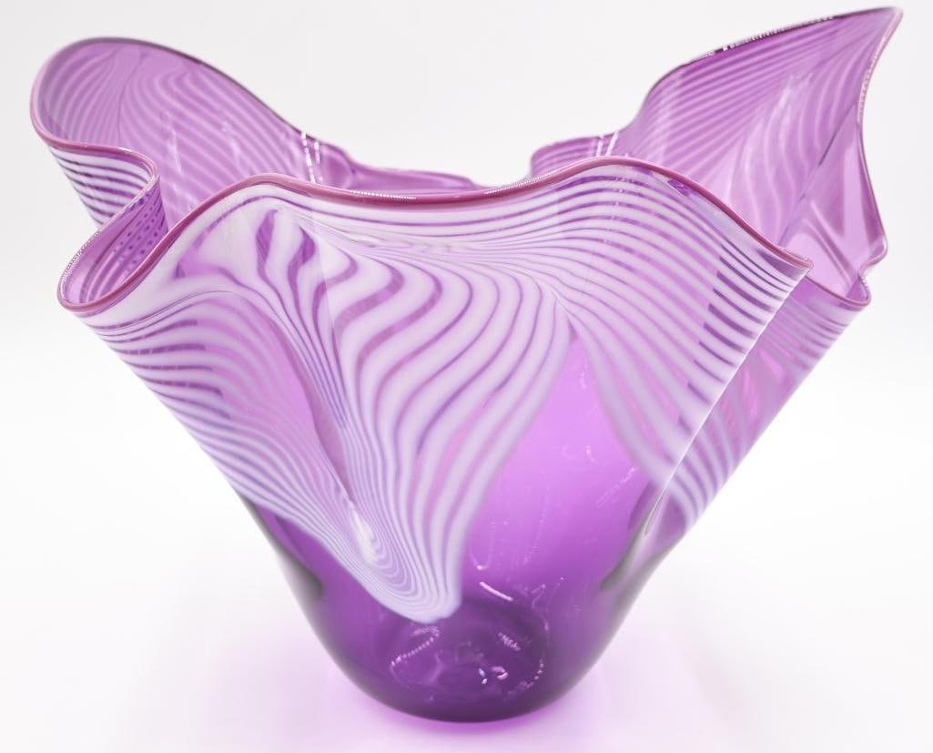 Large Magenta Artisan Glass Bowl, Etched Signature on Bottom - 4