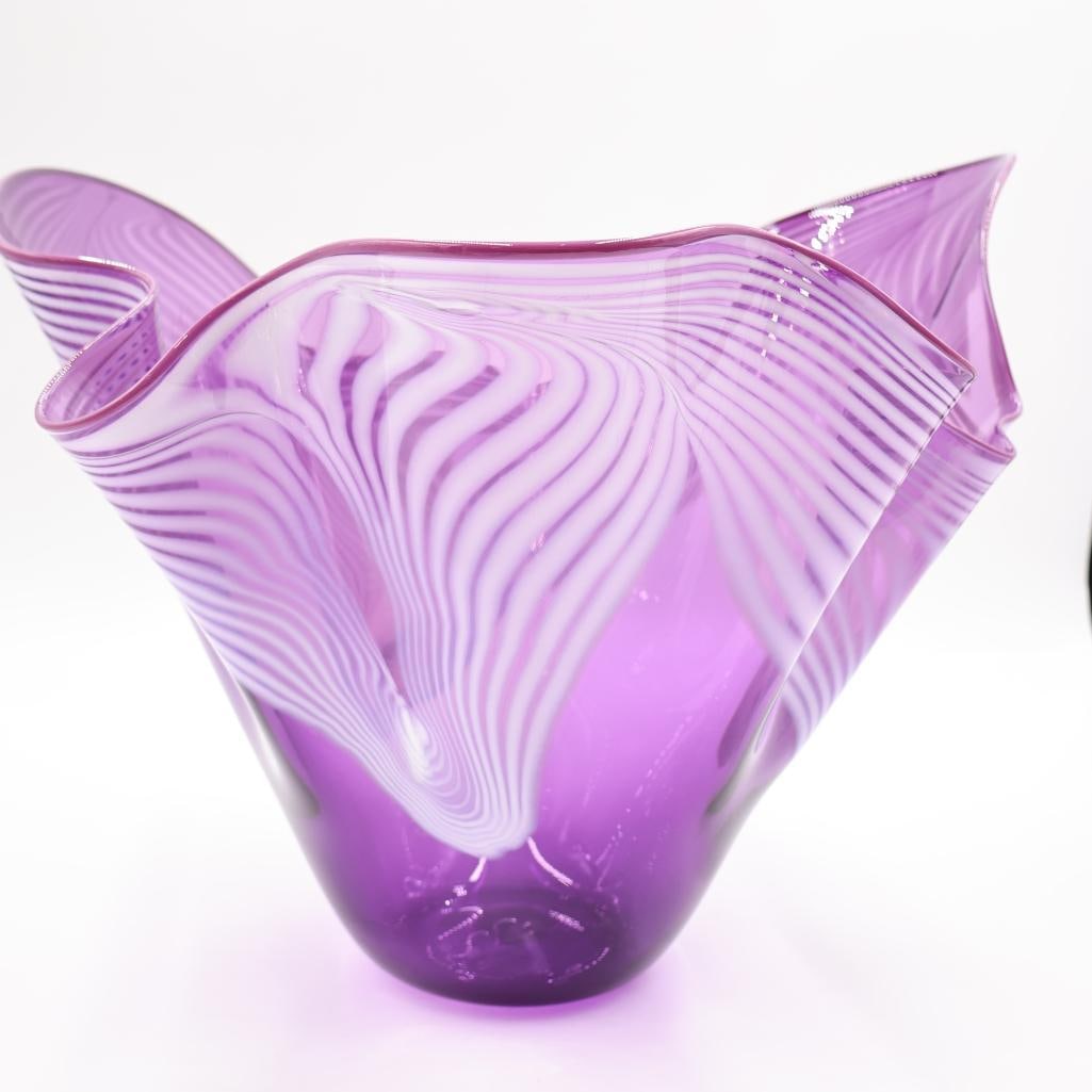 Large Magenta Artisan Glass Bowl, Etched Signature on Bottom - 5