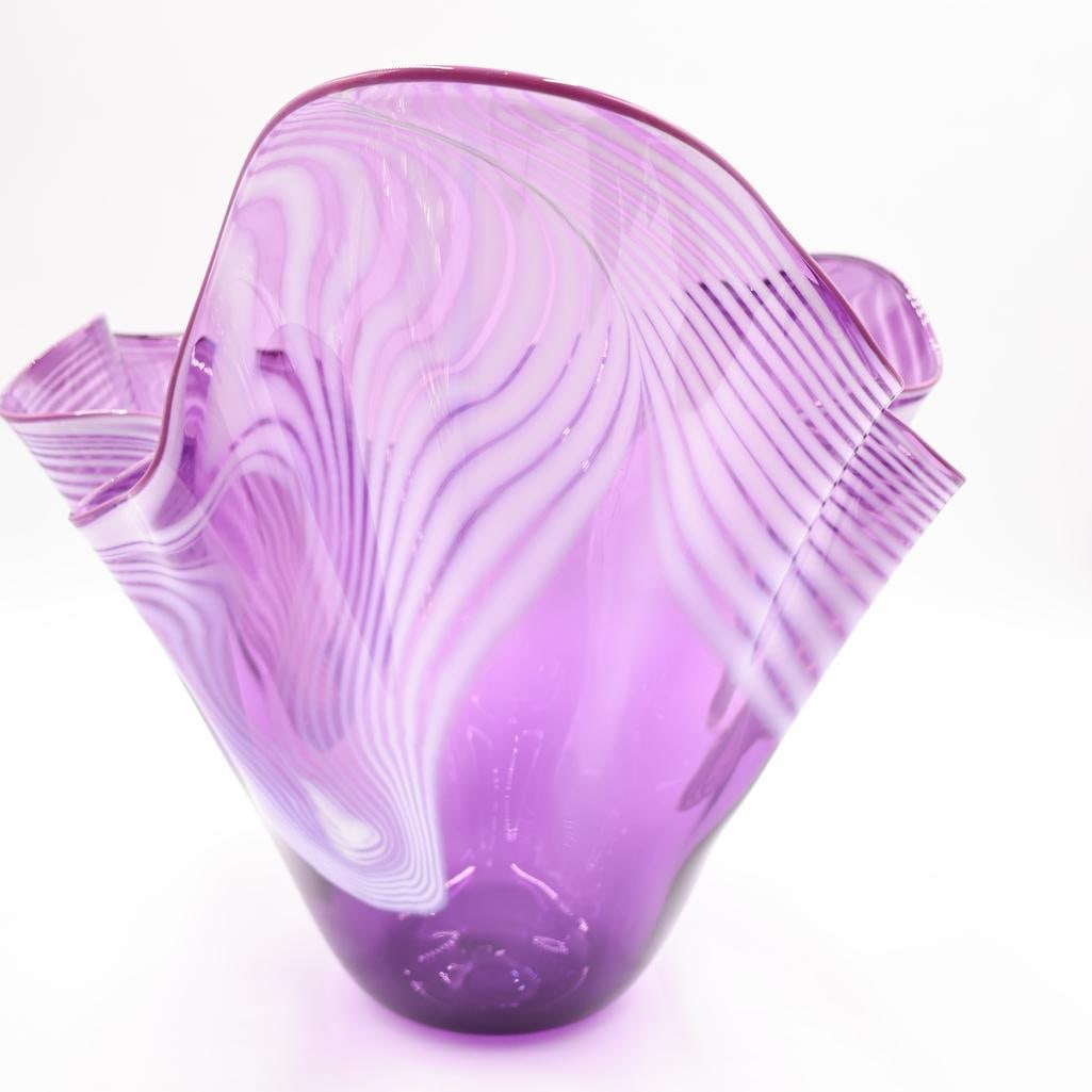 Large Magenta Artisan Glass Bowl, Etched Signature on Bottom - 6