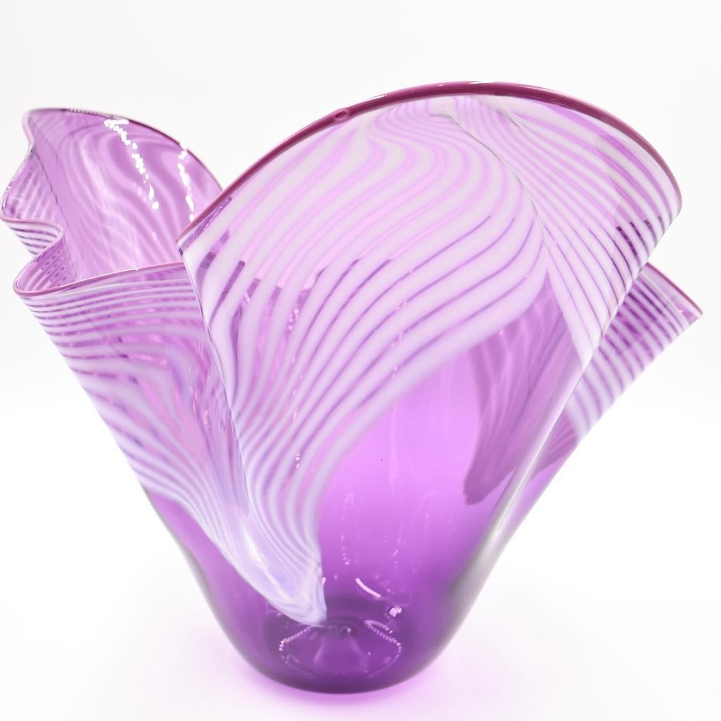 Large Magenta Artisan Glass Bowl, Etched Signature on Bottom - 7