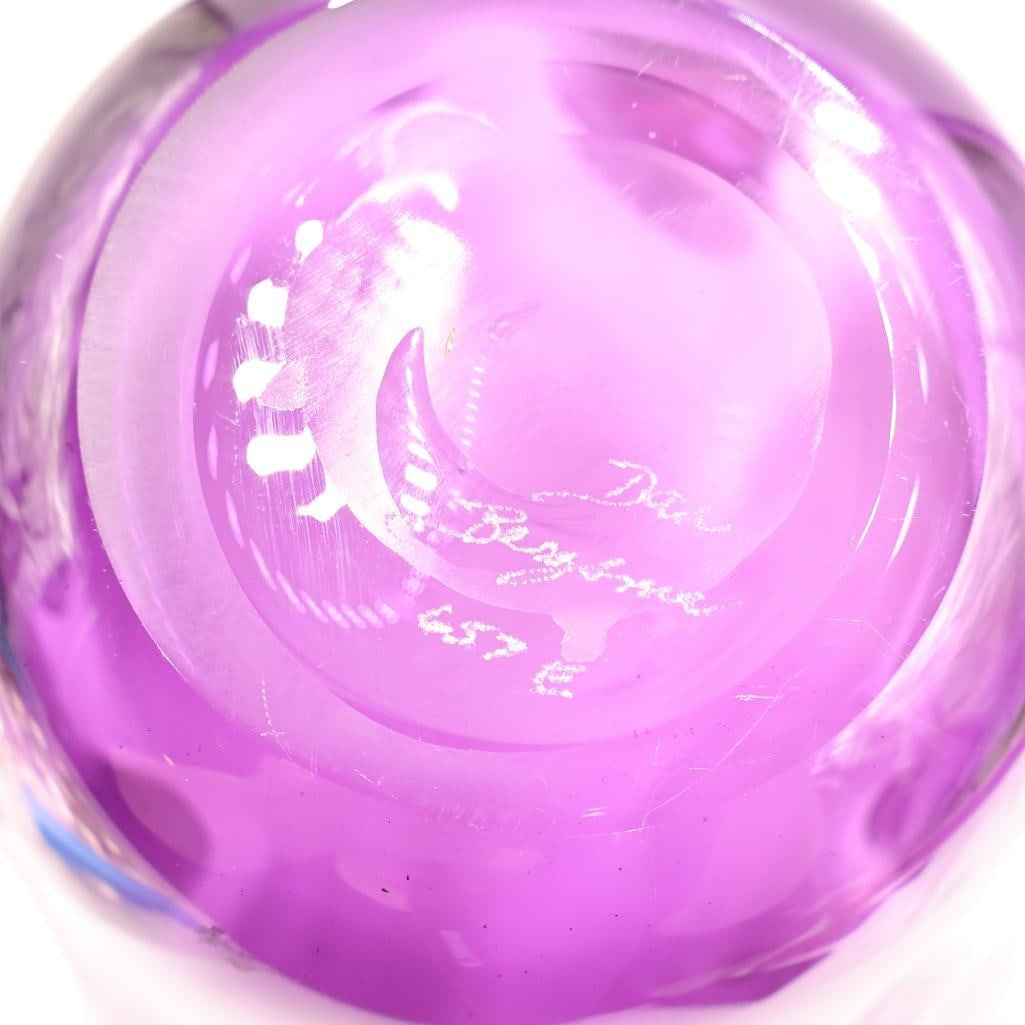 Large Magenta Artisan Glass Bowl, Etched Signature on Bottom - 9