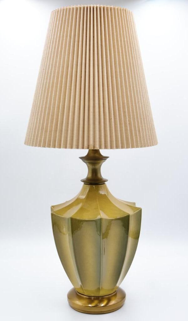 Vintage MCM Ceramic Table Lamp: Green and gold ceramic table lamp, stands just under 32" tall including shade