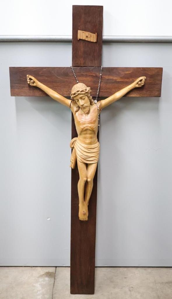 Large Vintage Hand Carved Crucifix: This piece comes from the Benedictine Sisters at the historic Queen of Angels Monastery. Lovely hand carving with silver tone rosary included. This large piece is about 53" tall and 24.5"