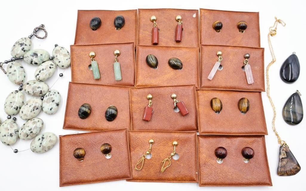 Collection of Stone Earrings and Jewelry: White stones are loose, and three stone pendants