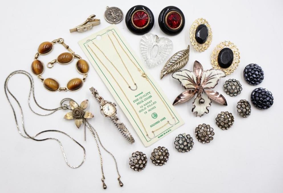 Collection of Vintage Jewelry and Buttons: Includes Bulova vintage ladies watch marked 10k rolled gold