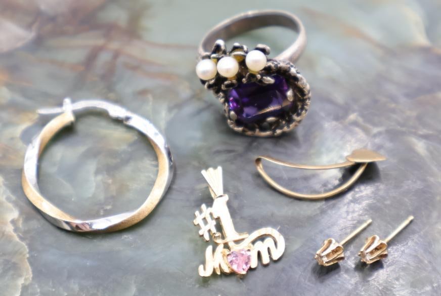 Collection of Various Jewelry including 14k: Mom pendant marked 14k, single hoop earring marked 14k, heart loop marked 14k, ring is marked 14k but it silver colored with tarnish, and earring studs unmarked. All nonmagnetic