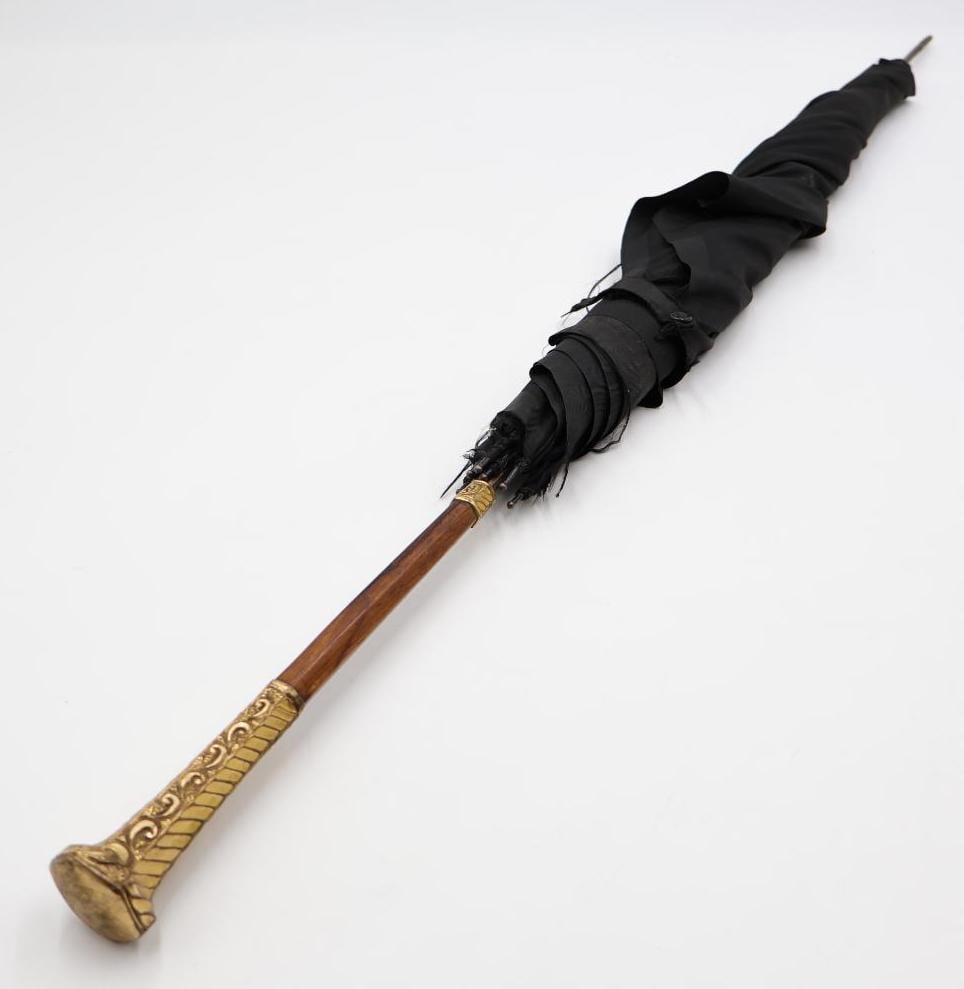 Antique Gold Plated Handle Umbrella: Umbrella mostly intact, please see all photos for condition