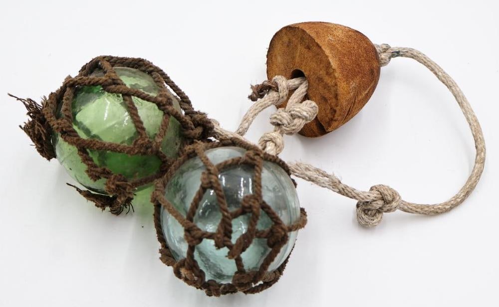 Two Vintage Glass Floats with Cork Float: Green and Light Blue Glass floats, green appears to have mark in glass