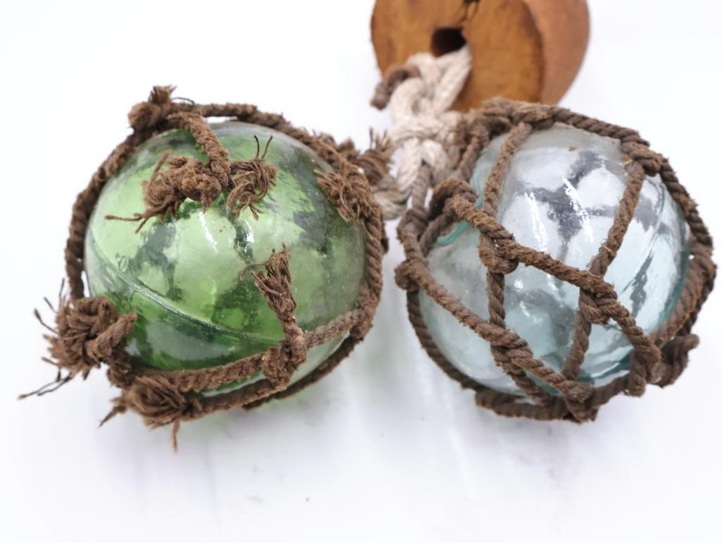 Two Vintage Glass Floats with Cork Float - 4