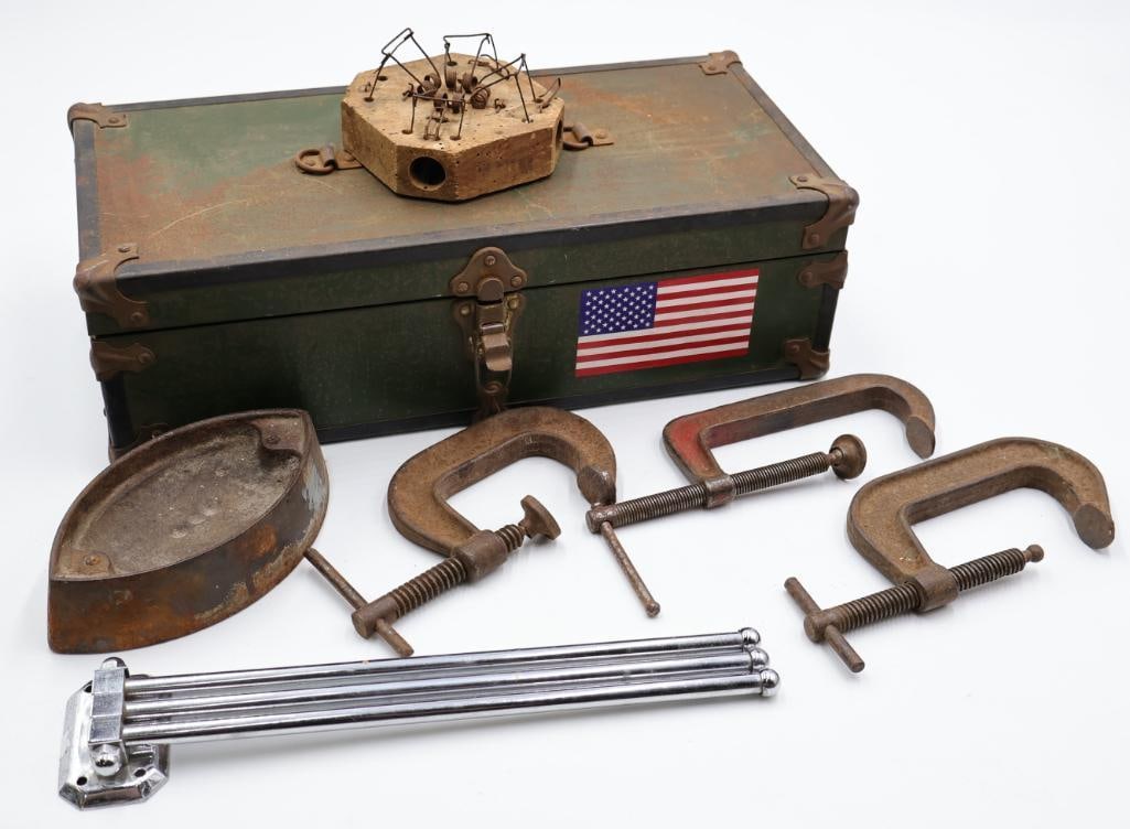 Antique Mouse Trap, Tools and Case: Three prong chrome towel hanger, three clamps, cast iron sad iron, wood and wire mouse trap, and green small trunk case